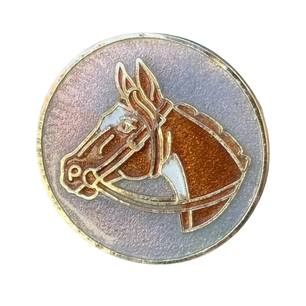 Horse Head Cufflinks Gold Tone Crackle Enamel Round Figural Brown Horse Vintage‎